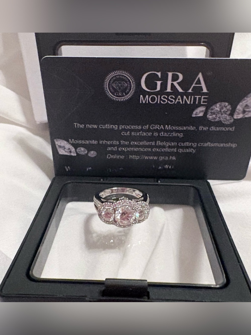 GRA Moissanite Pink Three-Stone Ring in Silver